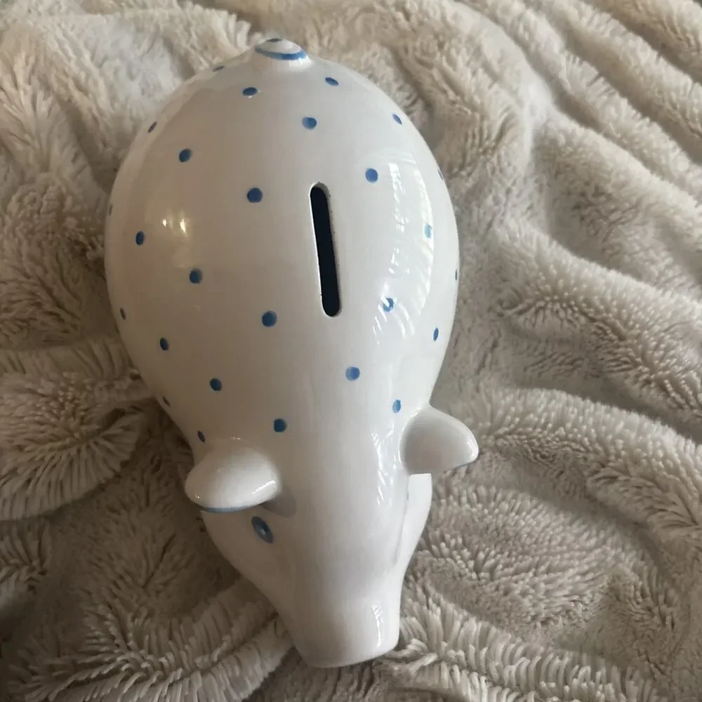 Tiffany & Co. Handpainted Ceramic Piggy Bank White Blue Polka Dots (Retired)